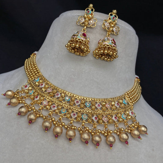 Gold & Multi Coloured Pure Copper with Real Kundan Women Rajwadi Plating Designer Necklace with Jhumka Earrings!!