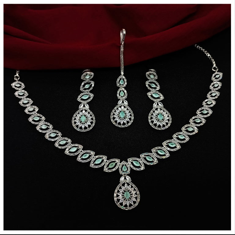 Aqua Blue Coloured Beautiful American Diamonds Women Designer Silver Plating Beautiful Long Jewelry Necklace set with Earrings & Matha Patti!!