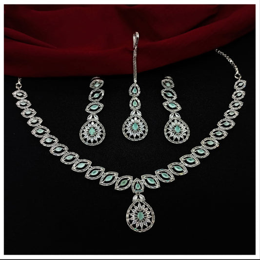 Aqua Blue Coloured Beautiful American Diamonds Women Designer Silver Plating Beautiful Long Jewelry Necklace set with Earrings & Matha Patti!!