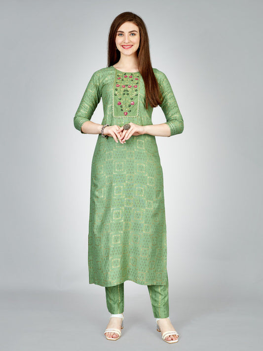 Pista Green & Multi Coloured Heavy Rayon with Embroidery work Women Designer Daily wear Kurti with Pant!!