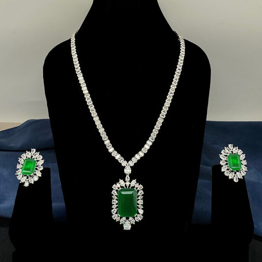 Beautiful Green & White Coloured Premium Quality Pure Brass Long Real American Diamonds Jewellery set with Earrings!!