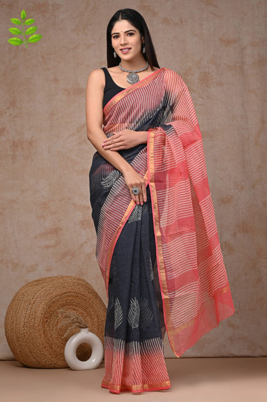 Dark Grey & Pink Coloured Kota Doriya Cotton Beautiful Hand Block printed Women Daily/Party wear Saree with Blouse!!