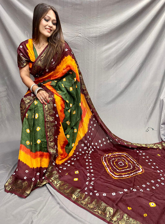 Brown & Multi Coloured with Zari Weaving & Bandhani Print Women Designer Party wear Art Silk Saree with Blouse!!