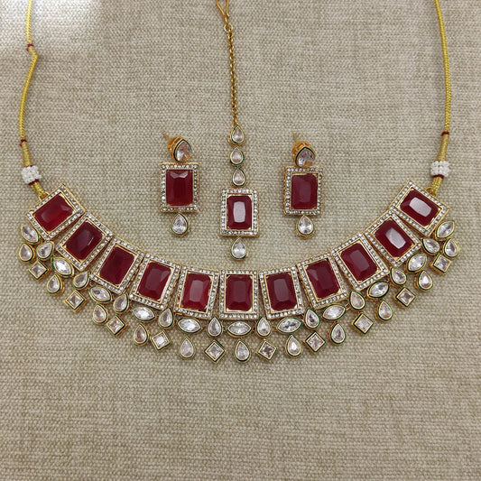 Exclusive Maroon Gold Plating Kundan Jewellery Reverse AD Necklace set with Earrings & Matha Patti!!