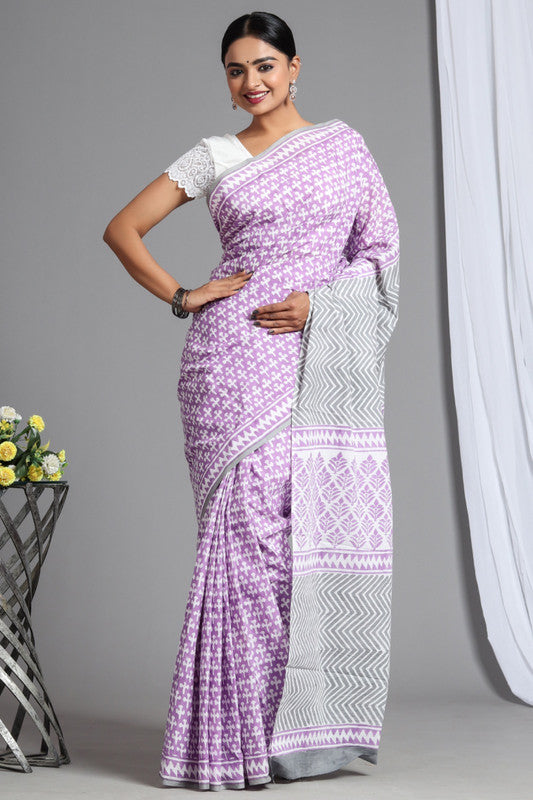 Pink & White Coloured Pure Cotton Beautiful Hand Block printed Women Daily/Party wear Saree with Blouse!!