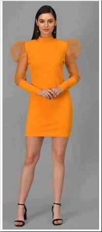 Orange Rib Fabric Sheer Sleeves Bodycon Dress Free Size Up to 38inch