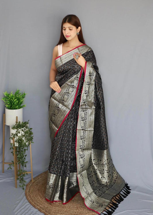 Navy Blue & Red Coloured Beautiful Shiny Checks with Rich Pallu and attractive Border Women Party wear Soft Silk Saree with Blouse!!