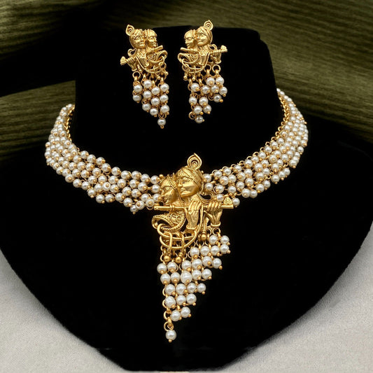 Beautiful White & Gold Coloured Premium Quality Pure Copper Gold & Rajwadi Plating Radha Krishna Necklace set with earrings for Women!!