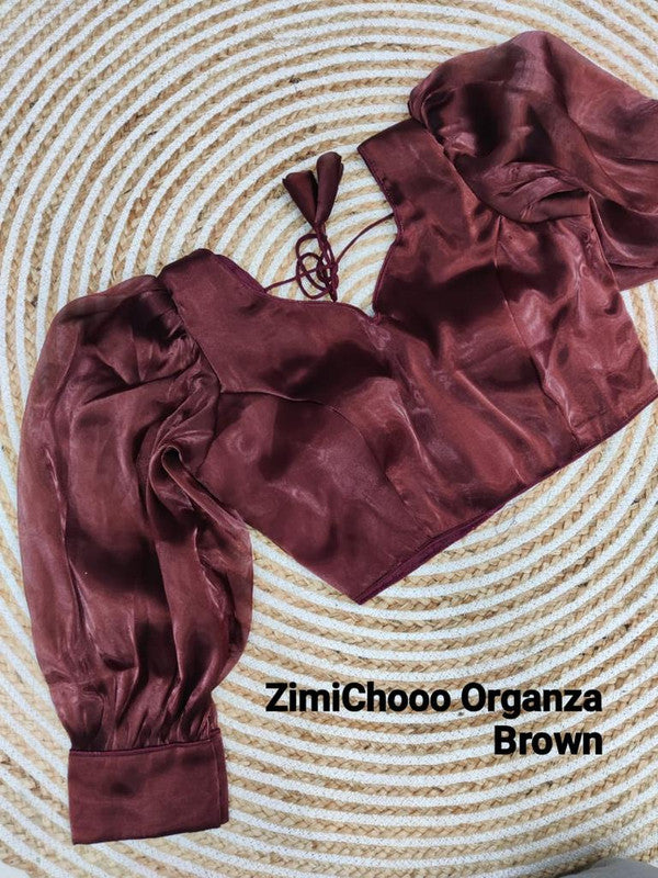 Brown Coloured Premium Pure Soft ZimiChooo Organza Woman Ready made Designer Croptop cum Blouse- Free Size Up to 40 Inch!!