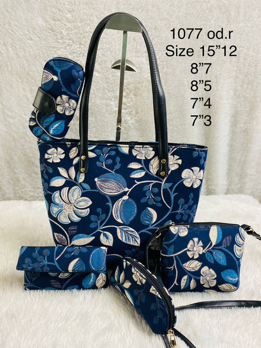 Blue & Multi Coloured Pure Cotton Printed Women Hand Bang- 5 PCS Combo( Tote Bag, Sling Bag, Envelop Purse, Key Pouch & Sunglass Cover)!!