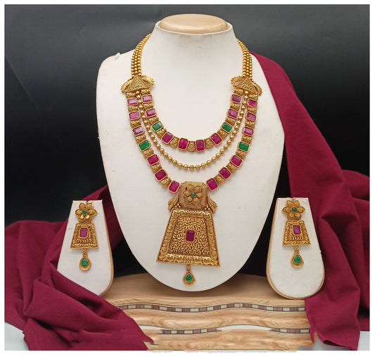 Gold & Multi Coloured Pure Brass Real Kundan Gold Plating Women Long Wedding Necklace set with earrings!!