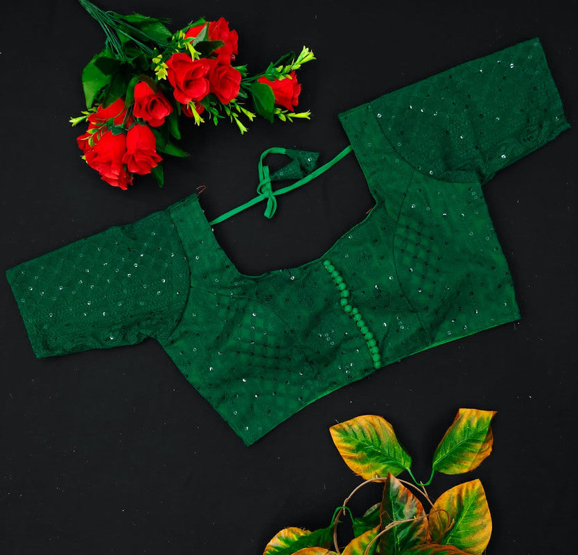 Green Coloured Lucknowi Chickenkari Chifli & Sequence work Ready made Blouse!!