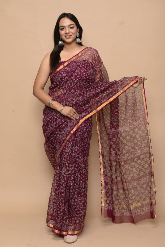 Maroon Coloured Kota Doria with Hand Block Printed Jari Border Women Party/Daily wear Designer Kota Doria Saree with Blouse!!