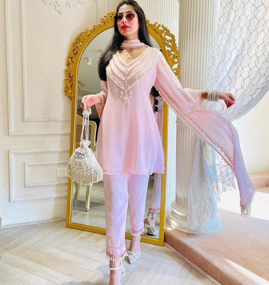 Light Pink Coloured Muslin Silk with Heavy Hand work Moti Lace work Women Fully Stitched Designer Party wear Top with Pant & 4 Side Lace Border Dupatta!!