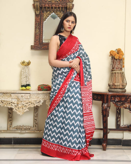 BEAUTIFUL HAND PRINTED MUL COTTON SAREE