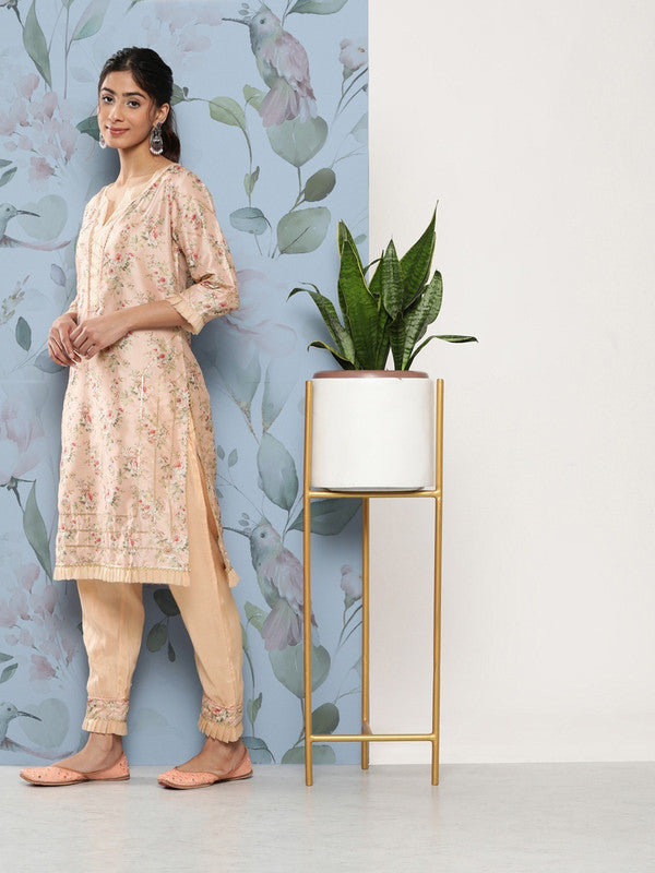 Peach Poly chanderi Floral printed Straight shape Kurti with Trousers & Dupatta!!