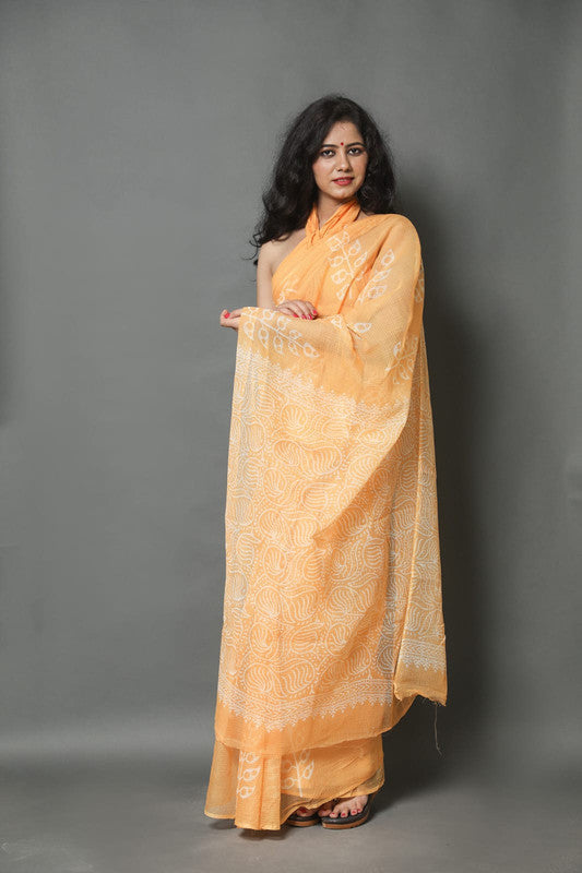 Orange Coloured Kota Doria Hand Block Printed Cotton Saree with Blouse!!