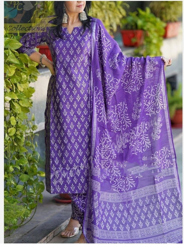 Purple & White Coloured Pure Cotton Printed Women Fully Stitched Designer Party wear Kurti with Pant & Dupatta!!