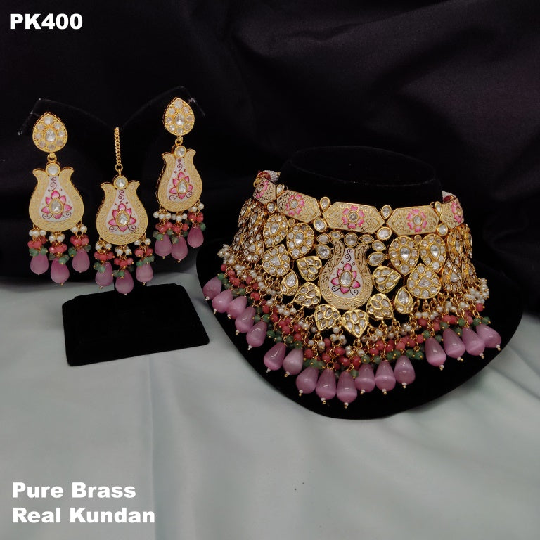 Pure Brass Real Kundan Necklace set with Ear Rings