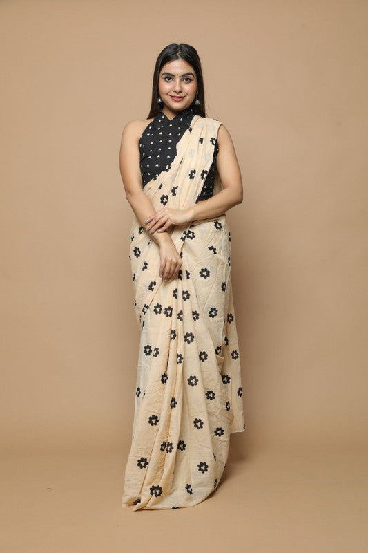 Beige Coloured & Black Exclusive Hand Printed Mul Cotton Saree with Blouse!!