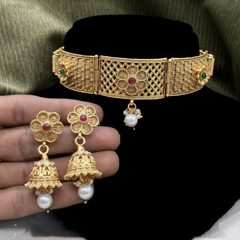 Beautiful Gold & Multi Coloured Premium Quality Pure Brass Gold Plating Designer Choker Jewellery set with Earrings!!