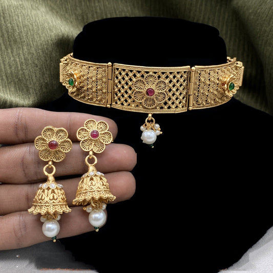 Beautiful Gold & Multi Coloured Premium Quality Pure Brass Gold Plating Designer Choker Jewellery set with Earrings!!