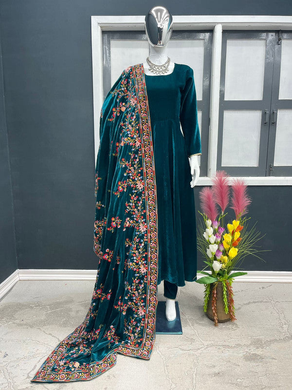 Green Coloured Heavy Pure Viscose Velvet Round Neck Full Sleeves Women Designer Party wear Anarkali Gown with Bottom & Embroidery Work Dupatta!!