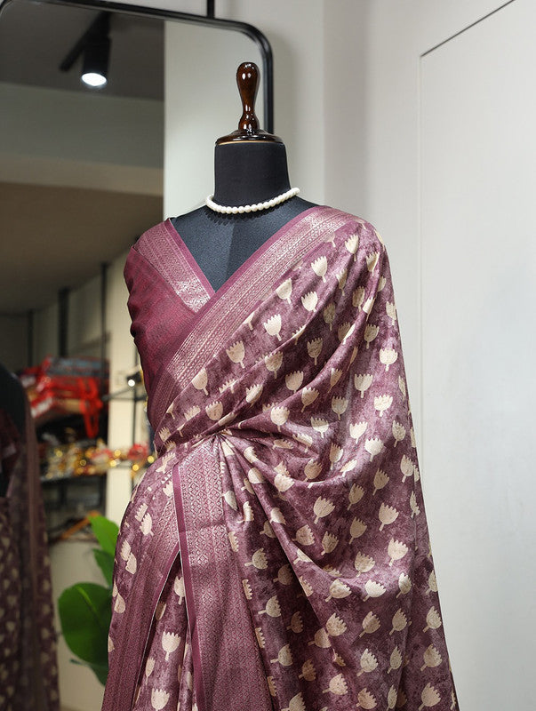 Wine & Off White Coloured Dola Silk Printed with Weaving Zari Border Women Festival/Party wear Designer Dola Silk Saree with Blouse!!