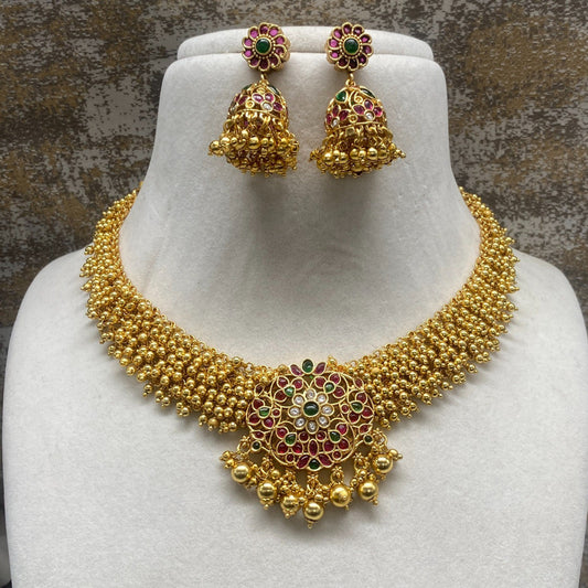 Gold Coloured Pure Brass Real Kundan Gold Plating with Pearls Women Temple Design Necklace set with Jhumka earrings!!