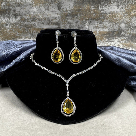 Mustard Yellow & White Coloured Premium American Diamonds Real Kundan Women Pendant Necklace set with earrings!!