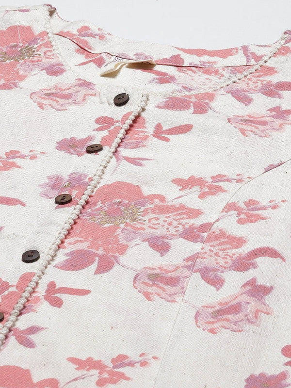 Cream-Coloured Linen Cotton Floral Printed Mandarin collar A-line Kurta!!