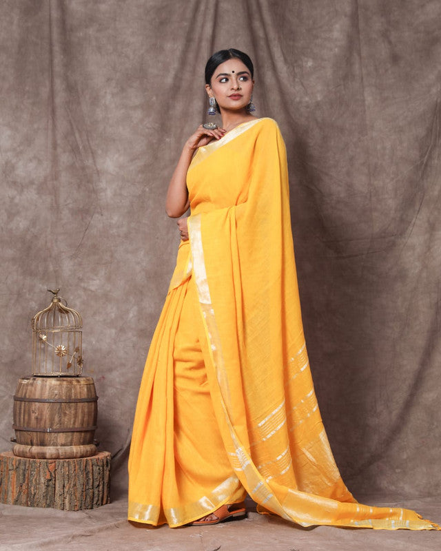 Yellow Coloured Linen Cotton with Beautiful Jari Border Women Party/Daily wear Designer Linen Cotton Saree with Blouse!!