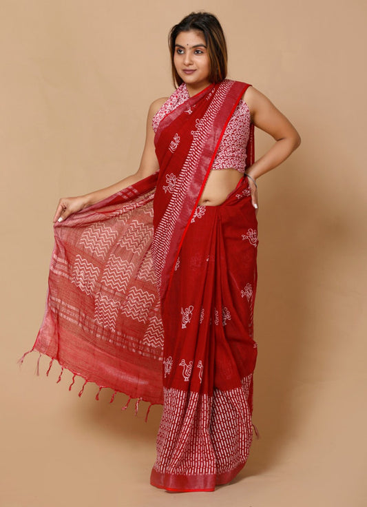 LINEN COTTON HAND BLOCK PRINT SAREE WITH BLOUSE!!