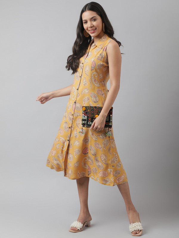 Mustard Yellow Coloured Pure Cotton Floral Print A-Line Shirt collar Sleeveless Women Party/Daily wear Western Midi Dress!!