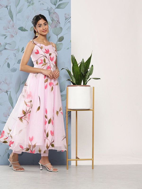 Pink Organza Floral Printed Anarkali shape Kurti with Trousers & Dupatta!!