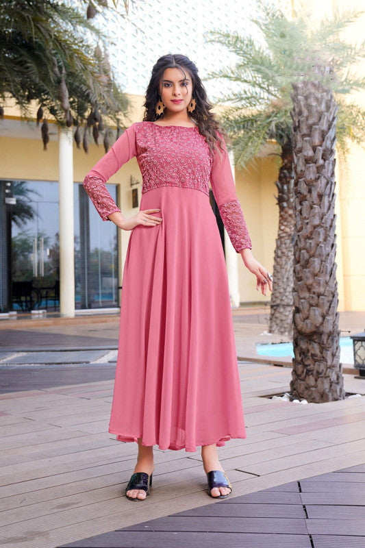 Pink Coloured Heavy Georgette With Schiffli Work Designer Party wear Long Full Flair Gown Kurti with Long Sleeves!!