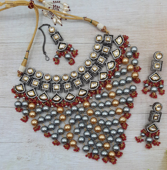 Exclusive Multi Coloured Brass Gold plating Necklace Jewellery set with Earrings and Matha patti!!