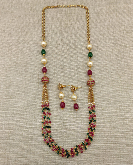 Beautiful Gold & Multi Coloured Premium Quality Pure Brass with Pearls Gold Plating Long Designer Mala Jewellery set with Earrings!!