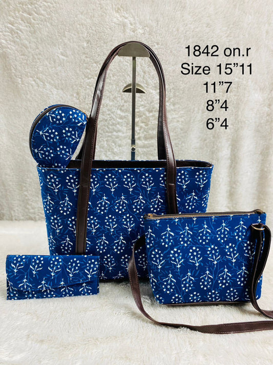 Blue & White Coloured Pure Cotton Printed Women Hand Bang- 4 PCS Combo( Tote Bag, Sling Bag, Envelop Purse & Key Pouch)!!