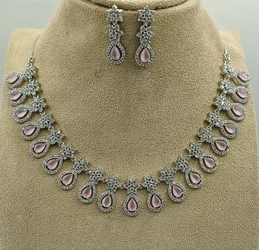 Light Pink & White Coloured Premium American Diamonds Real Kundan Women Designer Silver Plating Necklace Set with Earrings!!