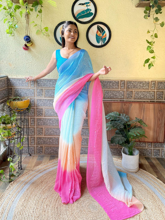Blue with Pink Coloured Georgette with Crush Sequence Women Designer Party wear Fancy Saree with Blouse!!
