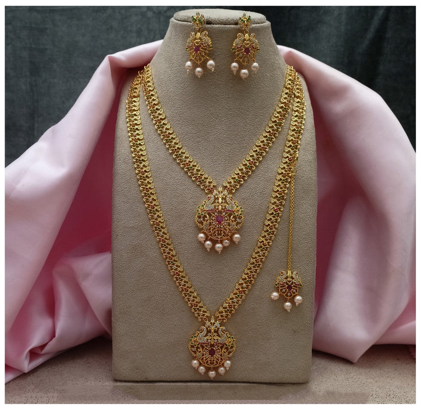 Exclusive Gold Coloured Premium Quality Pure Copper Gold Plating Temple Jewelry CZ Combo set with Earrings for Women!!