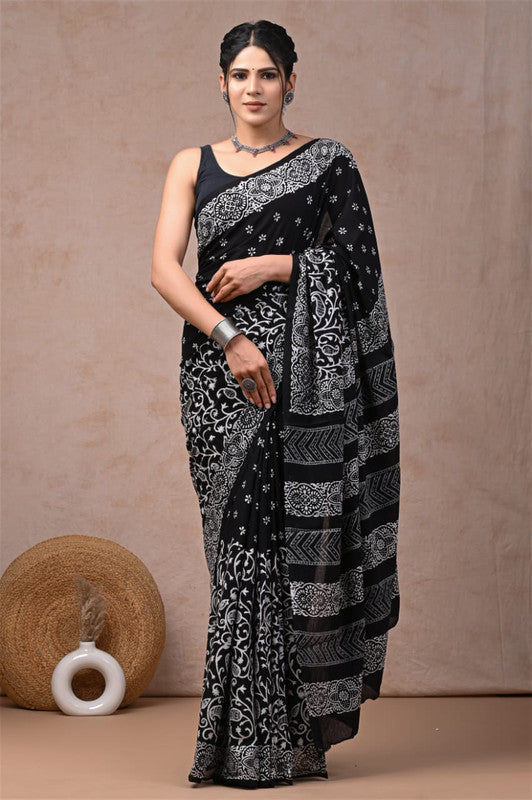 Black & White Coloured Hand Block Bagru, Dabu & Batik Dye Print Women Designer Party wear Pure Cotton Saree with Runnin Blouse!!