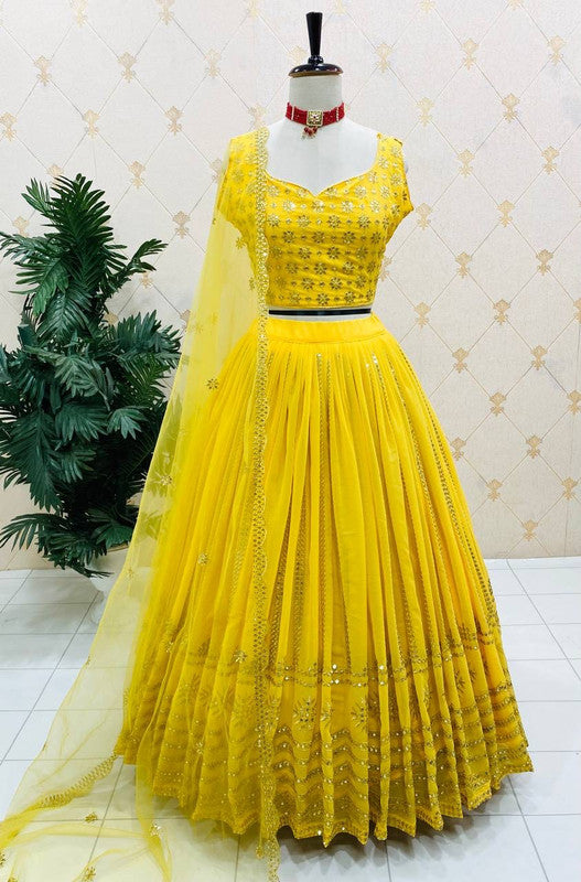 Yellow Coloured Faux Georgette with Heavy 5mm Sequence Embroidery Designer Lehenga Choli with Dupatta!!