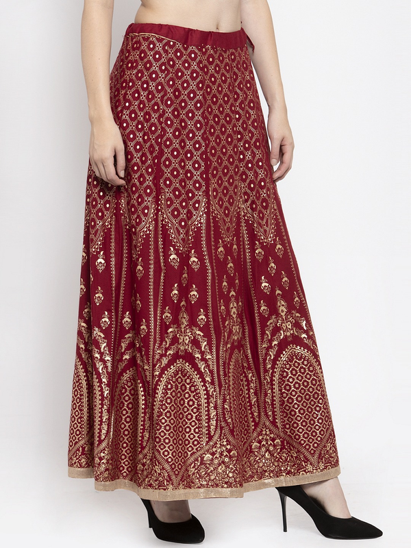 Gold Print Maroon coloured Rayon Skirt Free Size( 28 to 40 Inch)!!