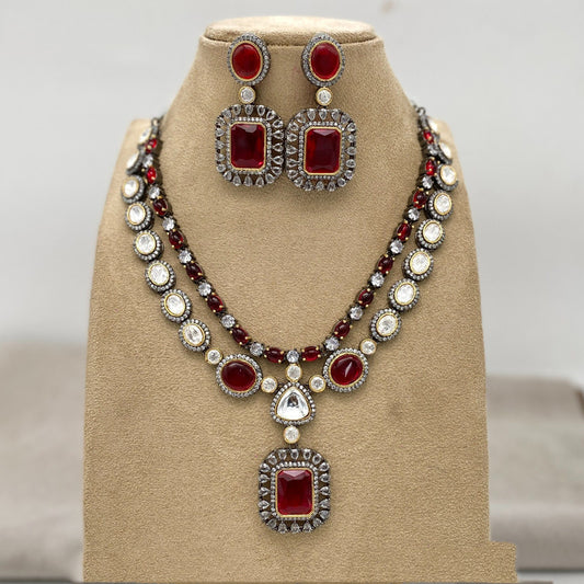 White & Maroon Coloured Pure Brass with Real Kundan Women Gold Plated Designer Necklace with Earrings!!