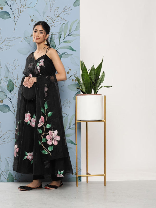 Black Organza Floral Printed Anarkali Kurta with Trousers & With Dupatta!!