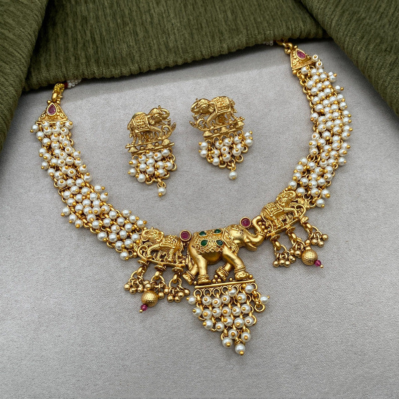 Beautiful White & Gold Coloured Premium Quality Pure Brass Gold Plating Elephant Designer Necklace Jewellery set with Earrings!!