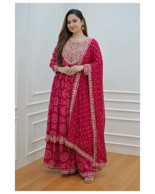 Pink Coloured Rayon with Embroidery Mirror Work Women Designer Party Anarkali Gown Kurti with Sharara & Dupatta!!