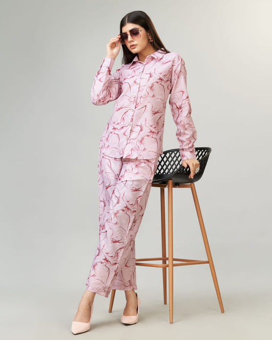 Pink Coloured Cotton Blend Printed Full Sleeves Shirt Collor Full Sleeves Women Party/Daily wear Western Co-ord Set!!